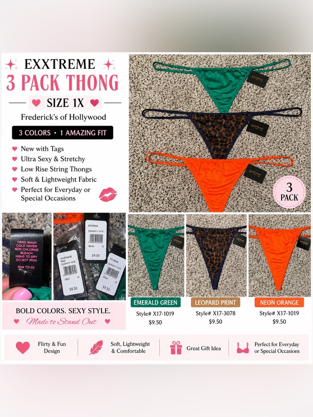 EXXTREME 3 Pack Thong Panty Bundle Plus Size 1X NWT Neon Leopard Frederick’s